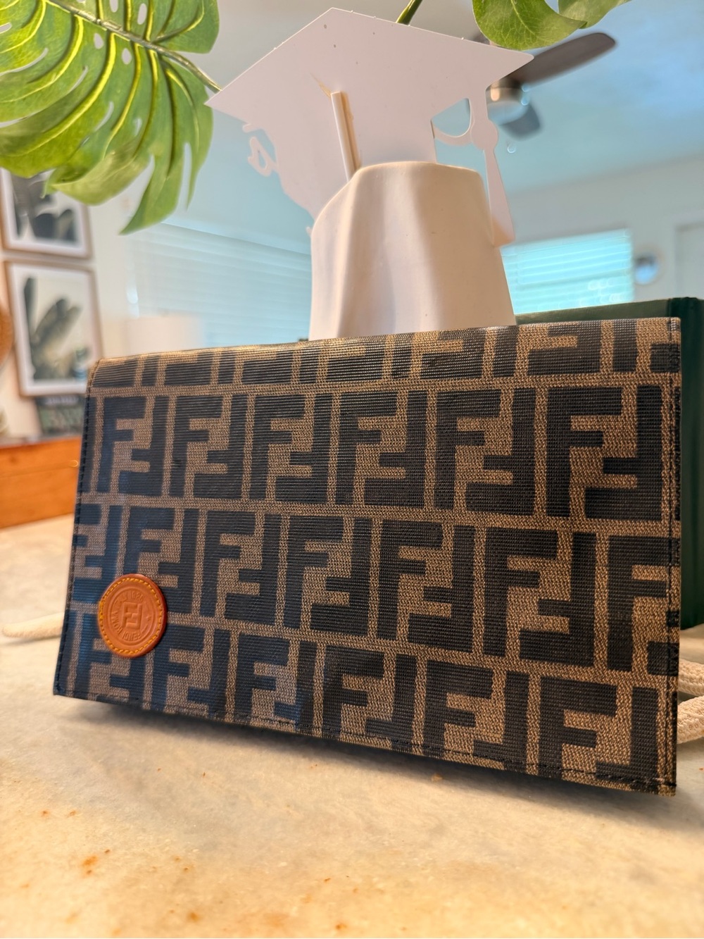 FF Brown and Beige Monogram Canvas Clutch with Leather Medallion